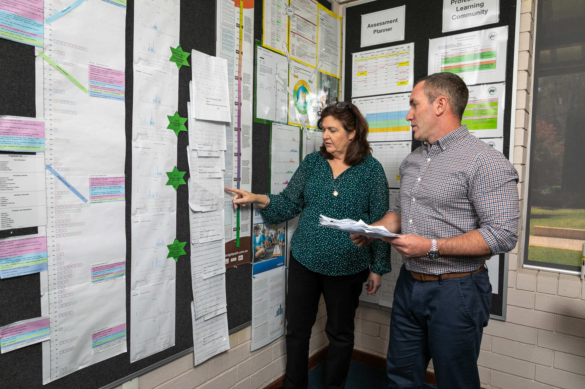 Two teachers standing in front of a data wall