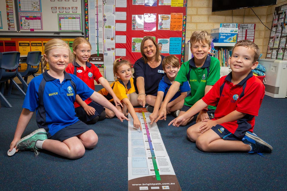 A teacher and a group of primary students sit around and point at a Brightpath scale on the ground